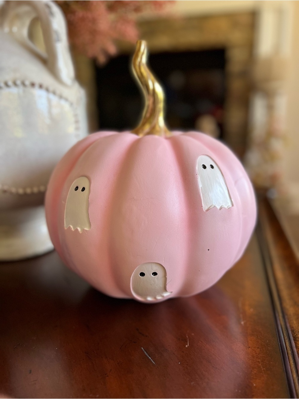 Pink Ghost Accent Pumpkin with Gold Stem - Home Decor